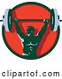 Vector Clip Art of Retro Male Bodybuilder Holding a Heavy Barbell over His Head in a Green and Red Circle by Patrimonio