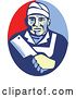 Vector Clip Art of Retro Male Butcher Holding a Meat Cleaver in a Red and Blue Oval by Patrimonio