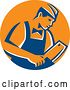Vector Clip Art of Retro Male Butcher Holding a Meat Cleaver Knife in a Blue and Orange Circle by Patrimonio