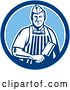Vector Clip Art of Retro Male Butcher Holding a Meat Cleaver Knife in a Blue Circle by Patrimonio