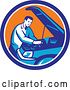 Vector Clip Art of Retro Male Car Mechanic Working on an Automobile in a Blue White and Orange Circle by Patrimonio