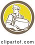 Vector Clip Art of Retro Male Cheesemaker Holding a Parmesan Round in a Tan Brown White and Yellow Circle by Patrimonio