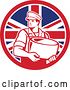 Vector Clip Art of Retro Male Cheesemaker Holding a Parmesan Round in a Union Jack Flag Circle by Patrimonio