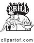 Vector Clip Art of Retro Male Chef Carrying and Alligator to a Football Shaped Bbq Under Grill Text Flames by Patrimonio