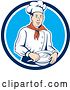 Vector Clip Art of Retro Male Chef Holding a Bowl and Spoon in a Blue and White Circle by Patrimonio