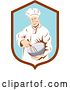 Vector Clip Art of Retro Male Chef Holding a Whisk and Mixing Bowl in a Brown and Blue Shield by Patrimonio