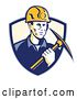 Vector Clip Art of Retro Male Coal Miner Holding a Pickaxe in a Blue and Pastel Yellow Sunshine Shield by Patrimonio