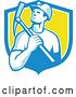 Vector Clip Art of Retro Male Coal Miner Holding a Pickaxe in a Blue White and Yellow Shield by Patrimonio