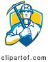 Vector Clip Art of Retro Male Coal Miner Holding a Pickaxe in a Yellow Blue and White Shield by Patrimonio