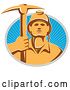 Vector Clip Art of Retro Male Coal Miner Holding up a Pickaxe in a Gray and Blue Circle of Sunshine by Patrimonio