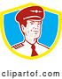Vector Clip Art of Retro Male Commercial Aircraft Pilot in a Yellow White and Blue Shield by Patrimonio