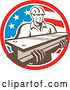 Vector Clip Art of Retro Male Construction Worker Carrying an I Beam and Emerging from an American Flag Circle by Patrimonio