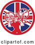 Vector Clip Art of Retro Male Cyclist Carrying a Bicycle on His Back in a Union Jack Flag Circle by Patrimonio