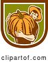Vector Clip Art of Retro Male Farmer Carrying a Giant Pumpkin in a Brown White and Green Shield by Patrimonio