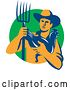 Vector Clip Art of Retro Male Farmer Holding a Hen and Pitchfork over a Green Circle by Patrimonio
