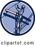 Vector Clip Art of Retro Male Lineman Working on a Pole in a Blue White and Purple Circle by Patrimonio
