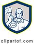 Vector Clip Art of Retro Male Locksmith Holding up a Key in a Yellow Blue and Gray Shield by Patrimonio