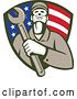 Vector Clip Art of Retro Male Mechanic Holding a Giant Wrench over His Chest in an American Flag Shield by Patrimonio