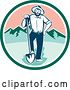 Vector Clip Art of Retro Male Miner Prospector Resting a Foot on a Shovel in a Green White and Pink Circle by Patrimonio