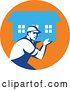Vector Clip Art of Retro Male Mover Carrying a House in an Orange and Blue Circle by Patrimonio