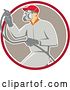 Vector Clip Art of Retro Male Painter Using a Spray Gun and Emerging from a Red White and Taupe Circle by Patrimonio