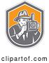 Vector Clip Art of Retro Male Photographer in a Fedora Hat in a Gray White and Orange Shield by Patrimonio