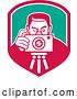 Vector Clip Art of Retro Male Photographer Taking Pictures on a Tripod in a Pink White and Turquoise Shield by Patrimonio