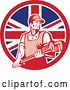 Vector Clip Art of Retro Male Plumber Holding a Large Monkey Wrench in a Union Jack Flag Circle by Patrimonio