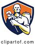 Vector Clip Art of Retro Male Plumber Holding a Monkey Wrench in Front of a Tank in a Navy Blue, White and Orange Shield by Patrimonio
