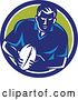 Vector Clip Art of Retro Male Rugby Player with the Ball Inside a Blue White and Green Circle by Patrimonio