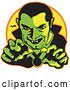 Vector Clip Art of Retro Male Vampire with Dark Hair Slicked Back, Reaching Outwards While Grinning and Showing His Fangs As a Vampire Bat Flies in the Distance Clipart Illustration by Andy Nortnik