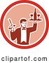 Vector Clip Art of Retro Male Waiter Serving Wine in a Pink and Red Circle by Patrimonio