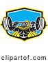 Vector Clip Art of Retro Muscular Knight Doing Squats and Working out with a Barbell in a Yellow Black White and Blue Shield by Patrimonio