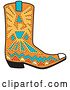 Vector Clip Art of Retro Orange Aztec Style Cowboy Boot with Blue and Yellow Accents Around a Bird by Andy Nortnik