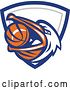 Vector Clip Art of Retro Pelican Bird Holding a Basketball in His Beak, in a Blue White and Gray Shield by Patrimonio