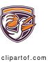 Vector Clip Art of Retro Pelican Bird Holding a Basketball in His Beak, in a Purple White and Orange Shield by Patrimonio