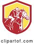 Vector Clip Art of Retro Racing Jockey in a Red White and Yellow Shield by Patrimonio