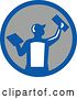 Vector Clip Art of Retro Rear View of a Male Plasterer Worker Using Trowels in a Blue White and Gray Circle by Patrimonio