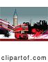 Vector Clip Art of Retro Red Double Decker Bus with Grunge in Front of a Clock Tower by