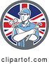 Vector Clip Art of Retro Refrigeration Mechanic, Air Conditioning or Air Con Serviceman Holding Manifold Gauge in a Union Jack Flag Circle by Patrimonio