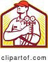 Vector Clip Art of Retro Refrigeration Mechanic Worker Holding a Pressure Gauge over a Shield of Sunshine by Patrimonio