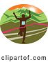 Vector Clip Art of Retro Silhouetted Male Marathon Runner Breaking Through the Finish Line in an Oval Against a Mountainous Sunset by Patrimonio