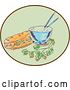Vector Clip Art of Retro Sketch of a Bahn Mi Vietnamese Sandwich with Meat and Bowl of Rice and Chopsticks and Coriander Inside a Green and Brown Oval by Patrimonio
