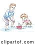 Vector Clip Art of Retro Sketched Dad and Son Playing with a Boat by BNP Design Studio
