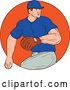 Vector Clip Art of Retro Sketched Drawing Male Baseball Player Pitching in an Orange Circle by Patrimonio