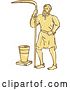 Vector Clip Art of Retro Sketched or Engraved Medieval Male Farmer with a Scythe and Bucket by Patrimonio