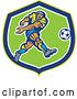 Vector Clip Art of Retro Soccer Player Kicking in a Blue and Green Shield by Patrimonio