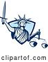 Vector Clip Art of Retro Statue of Liberty Lady Justice with a Sword and Scales, Emerging from a Blue Ray Shield by Patrimonio