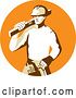 Vector Clip Art of Retro Stencil Styled Construction Worker Builder Carrying a Spirit Level on His Shoulder in an Orange Circle by Patrimonio
