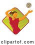 Vector Clip Art of Retro White Female Volleyball Player Spiking over a Green and Red Ray Diamond by Patrimonio